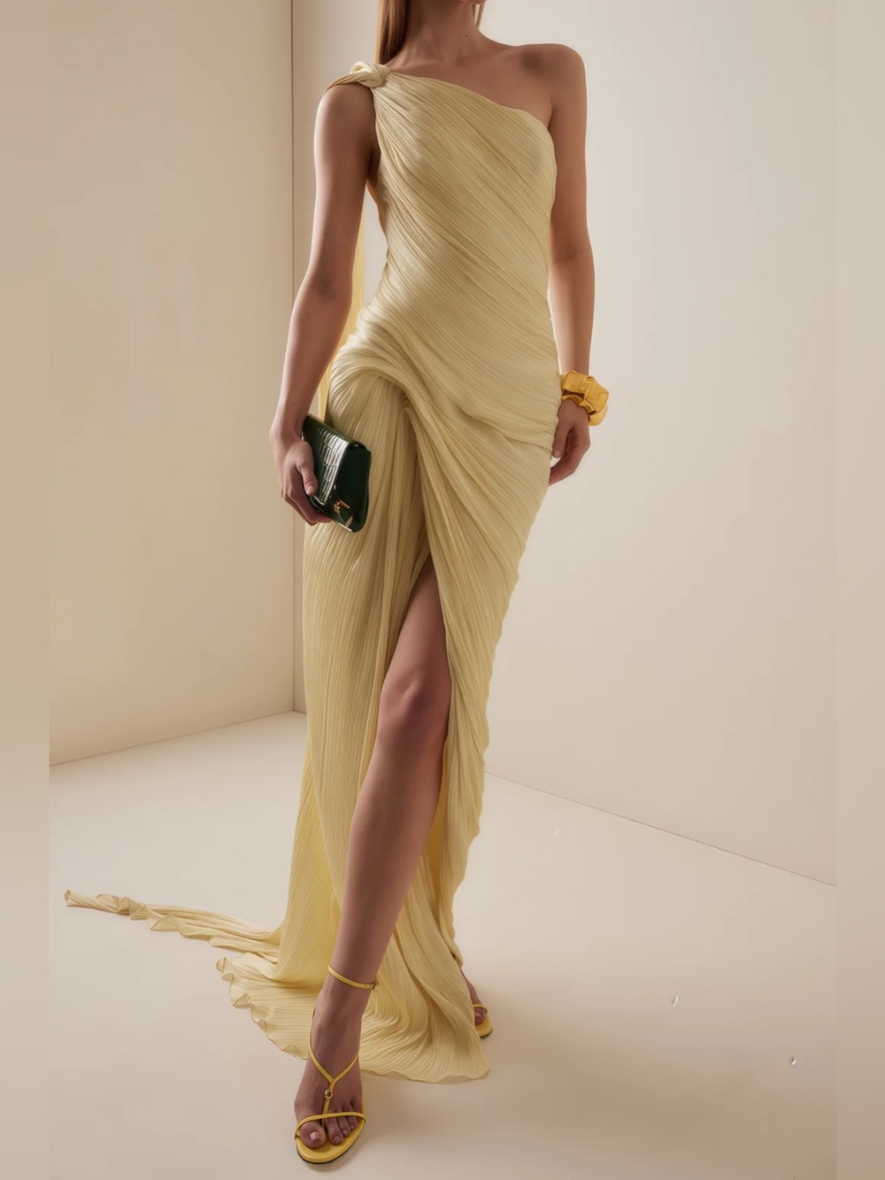 Elegant One-Shoulder Pleated Yellow Evening Gown